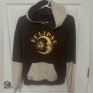 SHEIN Brown and Cream Eclipse Graphic Hoodie